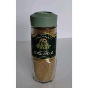 Vintage McCormick Spice Ground Coriander Seed Glass Jar Green Lid 1.25 oz - Exp